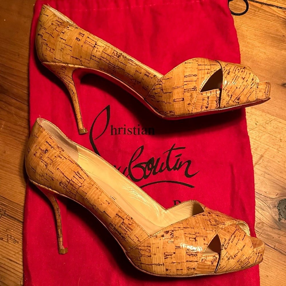 Christian Louboutin Shelley 85mm Cork Stiletto Peep Toe Pumps EU 37 US 7 / 6.5 - Picture 2 of 8